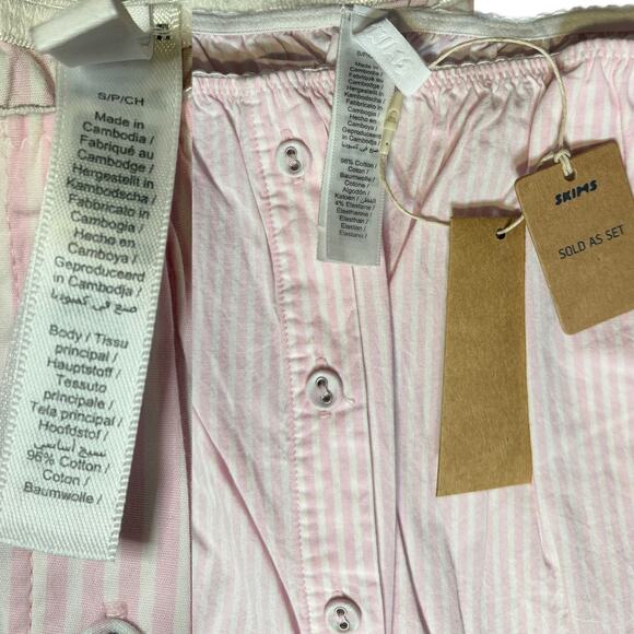 NWT SKIMS Cotton Poplin Oversized Sleep Set Cherry Blossom Stripe Sz S + Shorts - Picture 11 of 12